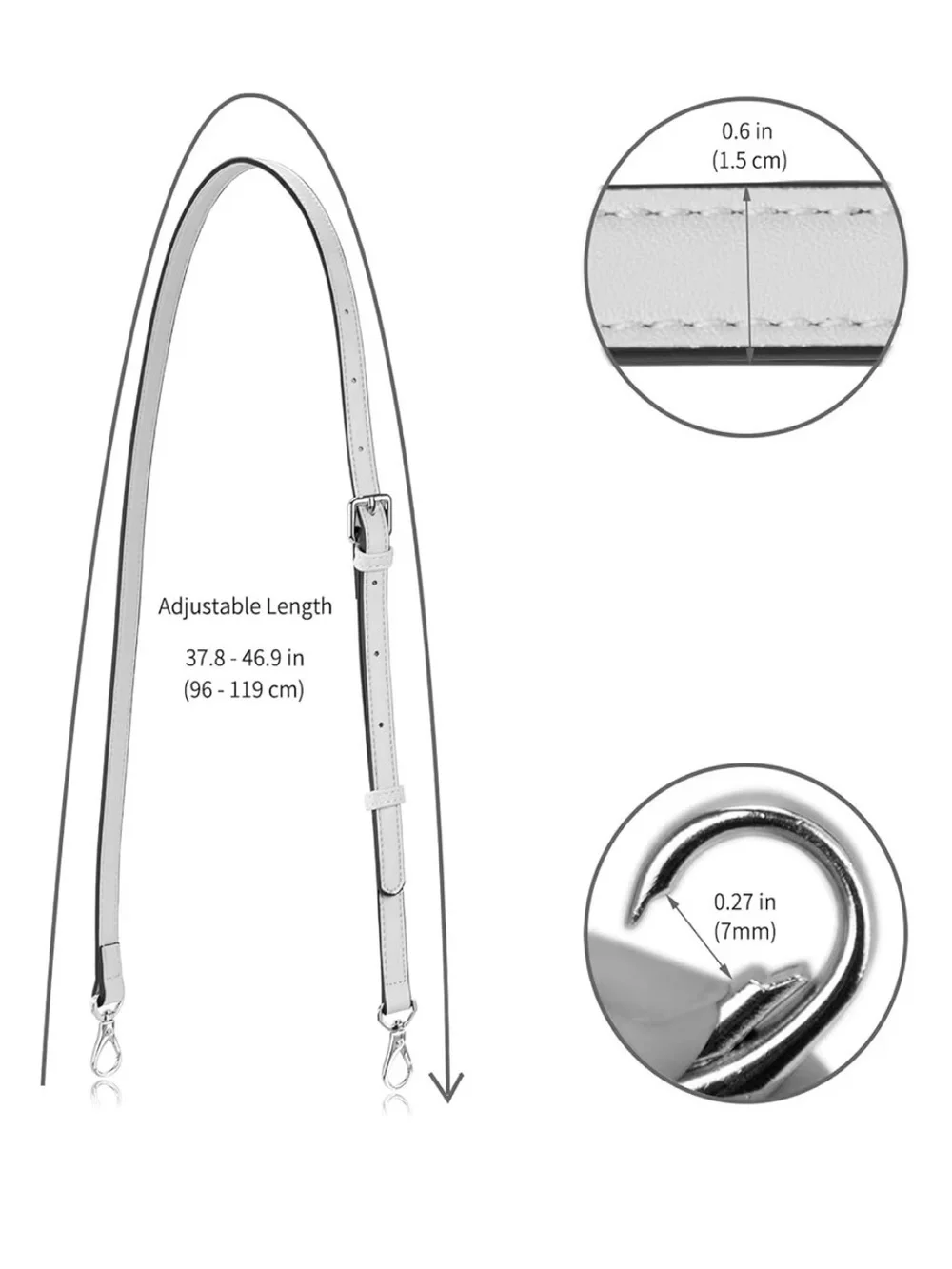 White Adjustable Leather Crossbody Strap with Silver Hardware brand new